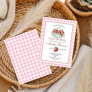 Erdbeeren Süß Rosa Gingham Baby Shower Einladung
