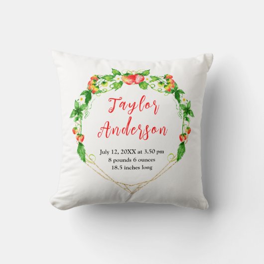 Erdbeeren und Blätter Geburtsstände von Baby-Babys Kissen (Vorderseite)