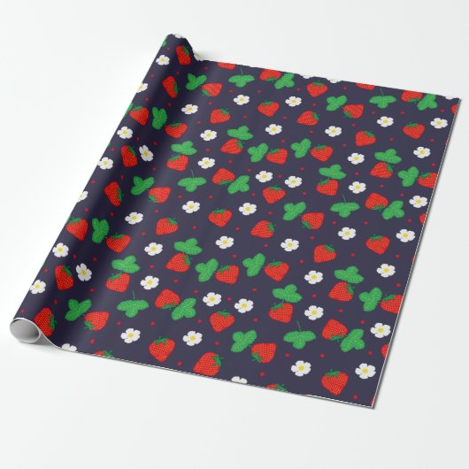Erdbeeren und Blume für Navy Blue Geschenkpapier (Ungerollt)