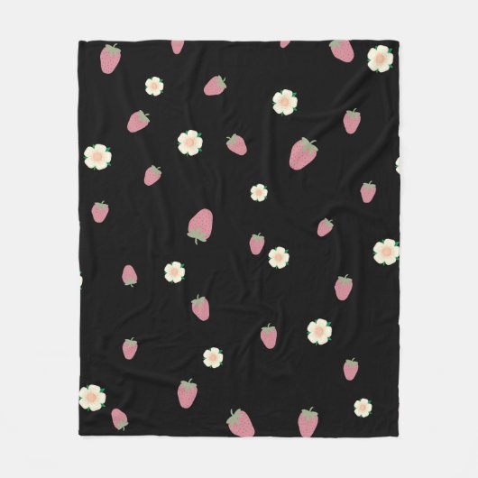 Erdbeeren und Blume Schwarzes Muster Fleecedecke (Vorderseite)