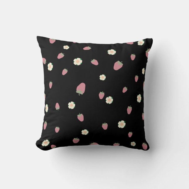 Erdbeeren und Blume Schwarzes Muster Kissen (Vorderseite)