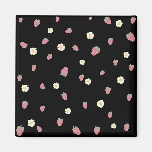Erdbeeren und Blume Schwarzes Muster Magnet (Vorne)