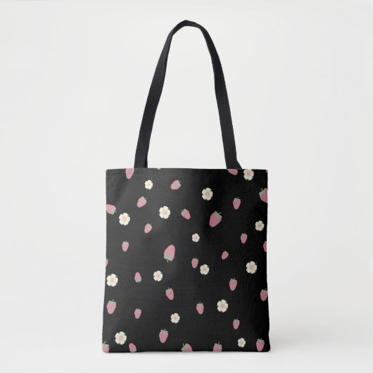 Erdbeeren und Blume Schwarzes Muster Tasche (Vorderseite)