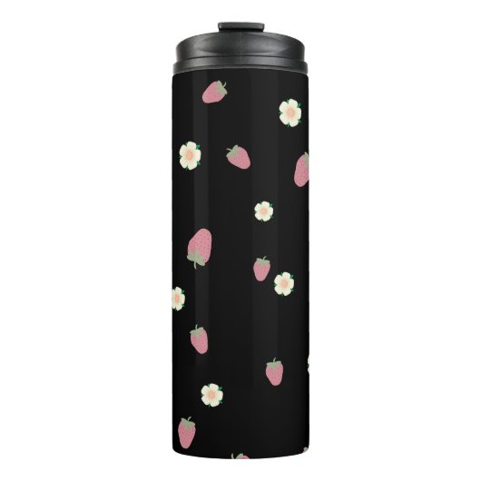 Erdbeeren und Blume Schwarzes Muster Thermosbecher (Vorderseite)