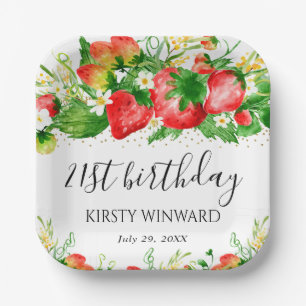 Erdbeeren und Blume zum Geburtstag Pappteller