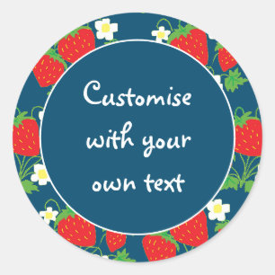 Erdbeeren und Blumen Blau Benutzerdefinierter Text Runder Aufkleber