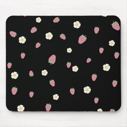 Erdbeeren und Blumen Schwarz Muster Mousepad (Vorne)