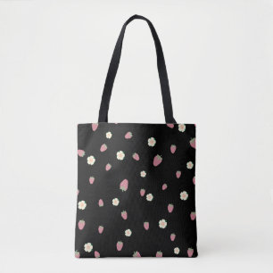 Erdbeeren und Blumen Schwarz Muster Tasche