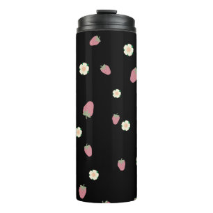 Erdbeeren und Blumen Schwarz Muster Thermosbecher