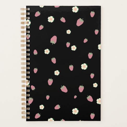 Erdbeeren und Blumen Schwarzes Muster Planer (Vorderseite)