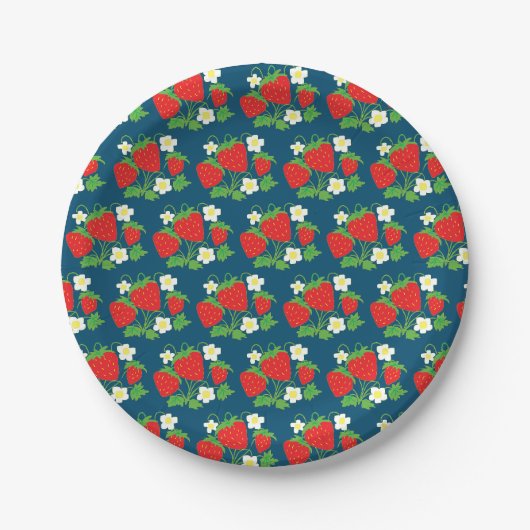 Erdbeeren und Blumenmuster Blau Pappteller (Vorderseite)