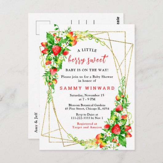 Erdbeeren und Daisies Babydusche Postkarte (Vorne/Hinten)