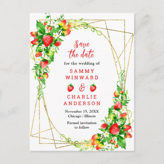 Erdbeeren und Daisies Wedding speichern das Datum Postkarte (Vorderseite)