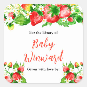 Erdbeeren und Gänseblümchen Baby Shower Exlibris Quadratischer Aufkleber