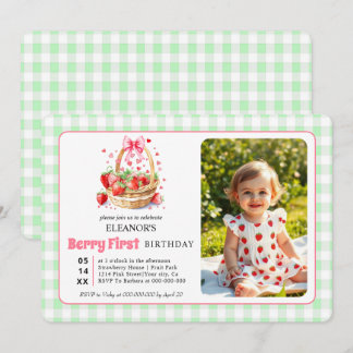 Erdbeeren und Gingham Berry Erster Geburtstag Foto Einladung