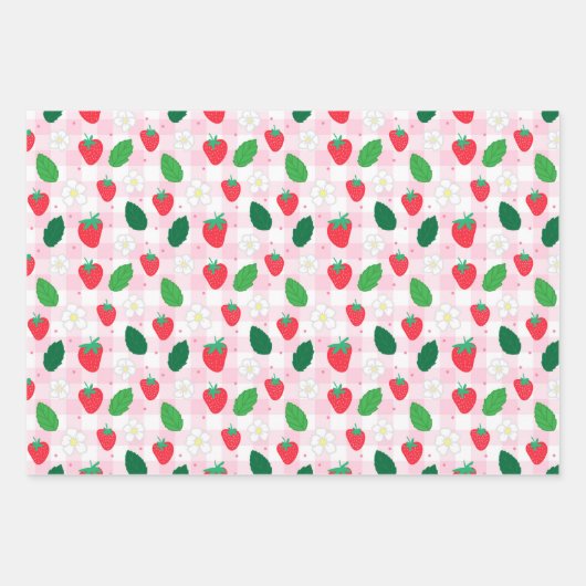 Erdbeeren und Gingham Pink & Green Wrapping Paper Geschenkpapier Set (Vorderseite)