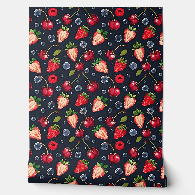 Erdbeeren und Kirschen auf dunklem Hintergrund Tapete (Abrollen)