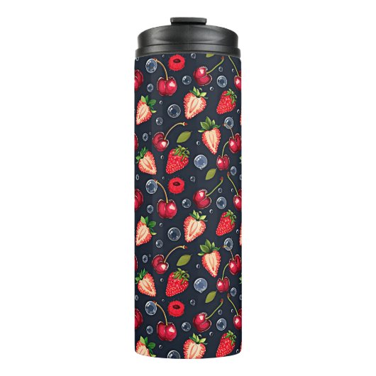 Erdbeeren und Kirschen auf dunklem Hintergrund Thermosbecher (Vorderseite)