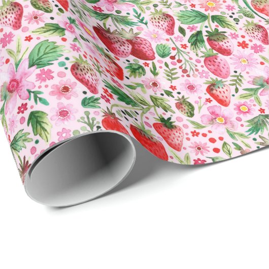 Erdbeeren und Rosa Florals Geschenkpapier (Rolleneckpunkt)