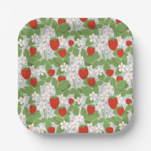 Erdbeeren und rosa und weiße Blumen Pappteller