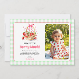 Erdbeeren und Schleife Erste Geburtstagsfoto Dankeskarte