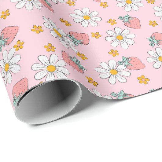 Erdbeeren Weiße Blume Niedlich Geschenkpapier (Rolleneckpunkt)