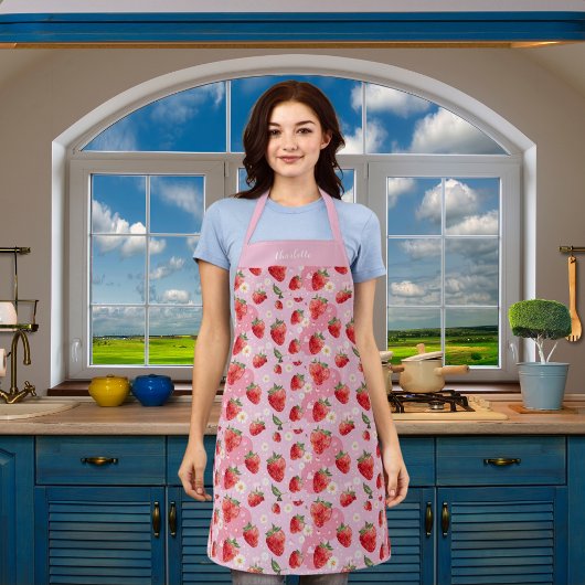 Erdbeeren, weiße Blüten Rosa rote Muster Name Schürze