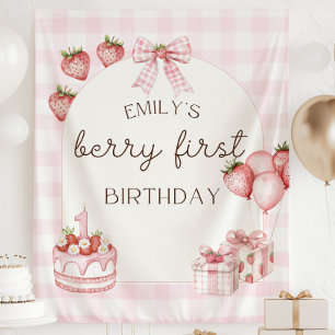 Erdbeeren zum ersten Geburtstag Banner Rosa Erdbee Wandteppich