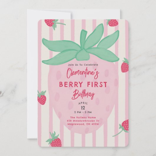 Erdbeeren zum ersten Geburtstag Einladung (Vorderseite)