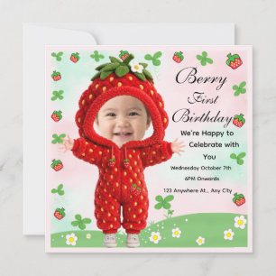 Erdbeeren zum ersten Geburtstag Einladung mit Foto