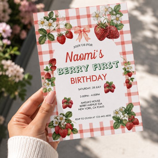Erdbeeren zum ersten Geburtstag - Einladung mit ka