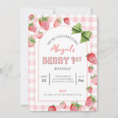 Erdbeeren zum ersten Geburtstag - rosa Gingham-Fot Einladung (Vorderseite)