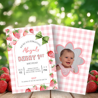 Erdbeeren zum ersten Geburtstag - rosa Gingham-Fot Einladung