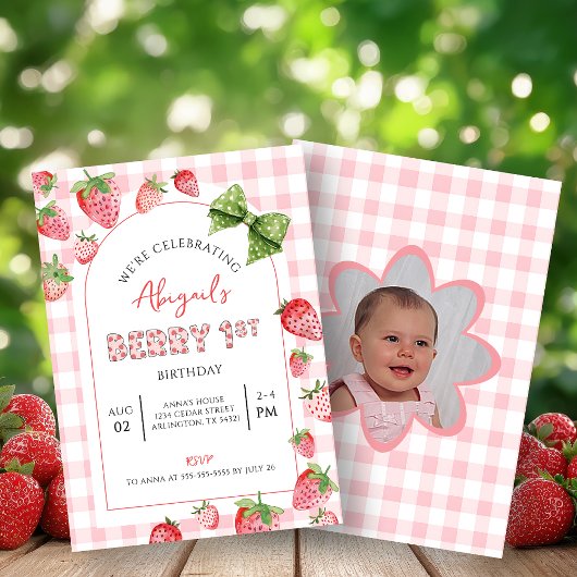Erdbeeren zum ersten Geburtstag - rosa Gingham-Fot Einladung