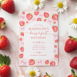 Erdbeeren zum ersten Geburtstag Rosa Schleife Einladung