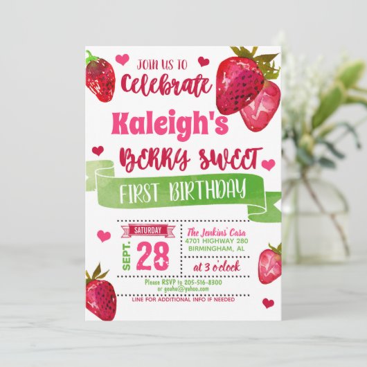 Erdbeererste Geburtstags-Einladung Einladung (Stehend Vorderseite)