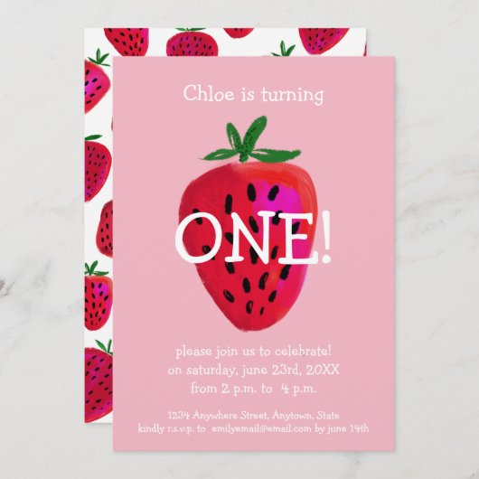 Erdbeererste Geburtstags-Einladung Einladung (Vorne/Hinten)