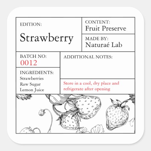 Erdbeeretikett Schwarz-Weiß-Apotheke Quadratischer Aufkleber (Vorderseite)