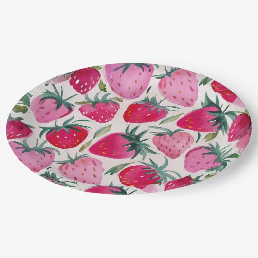 Erdbeerfelder Sommerzeit Picknick pink Pappteller (Schrägansicht)