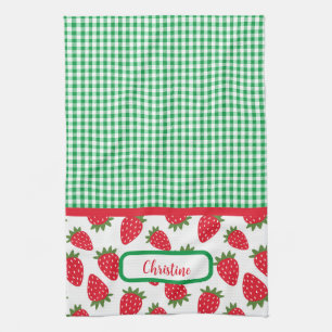Erdbeerfelder und grüne Gingham-Küchentücher Geschirrtuch
