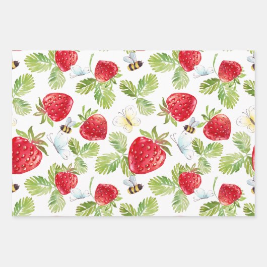 Erdbeerfrüchte, Bienen und Schmetterlinge Geschenkpapier Set (Vorderseite)