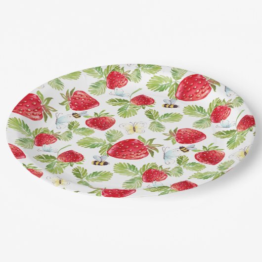 Erdbeerfrüchte, Bienen und Schmetterlinge Pappteller (Schrägansicht)