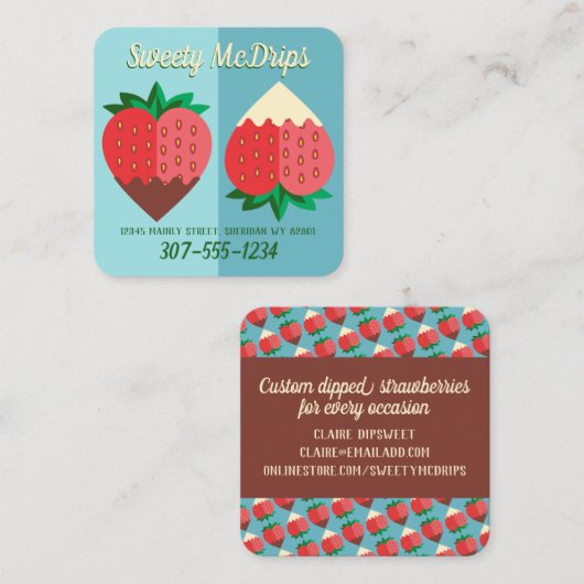 Erdbeerfrüchte mit dunkelweißer Schokolade Quadratische Visitenkarte (Vorne/Hinten)