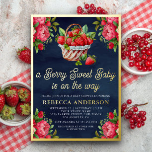 Erdbeerkorb Süße Babyparty Navy Blau Gold Folieneinladung