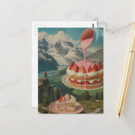 Erdbeerkuchen Berg Surreal Retro Kunst Postkarte