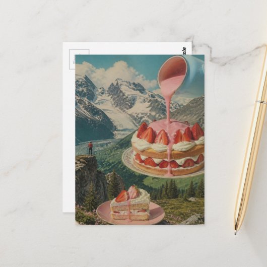 Erdbeerkuchen Berg Surreal Retro Kunst Postkarte (Vorderseite/Rückseite Beispiel)