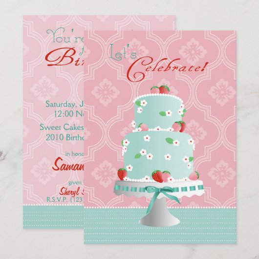 Erdbeerkuchen Geburtstag Einladung (Vorne/Hinten)