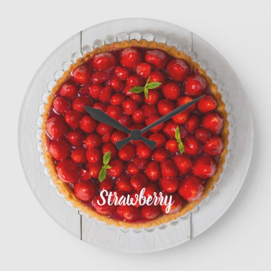 Erdbeerkuchen mit Minze aus weißem Holz Große Wanduhr (Vorderseite)