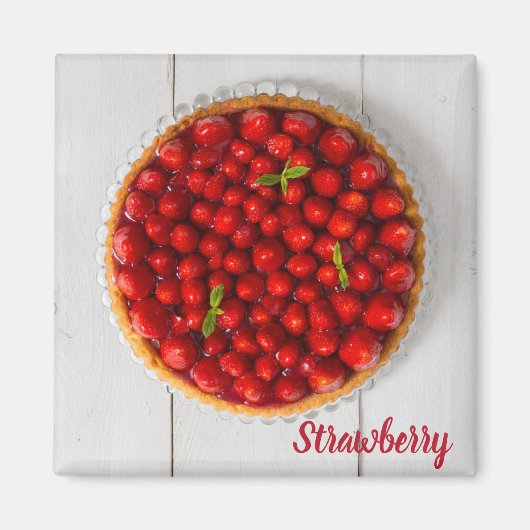 Erdbeerkuchen mit Minze aus weißem Holz Magnet (Vorne)