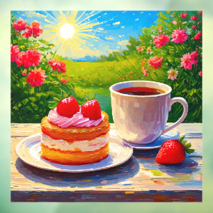 Erdbeerkuchen und Kaffee Freude Fensteraufkleber